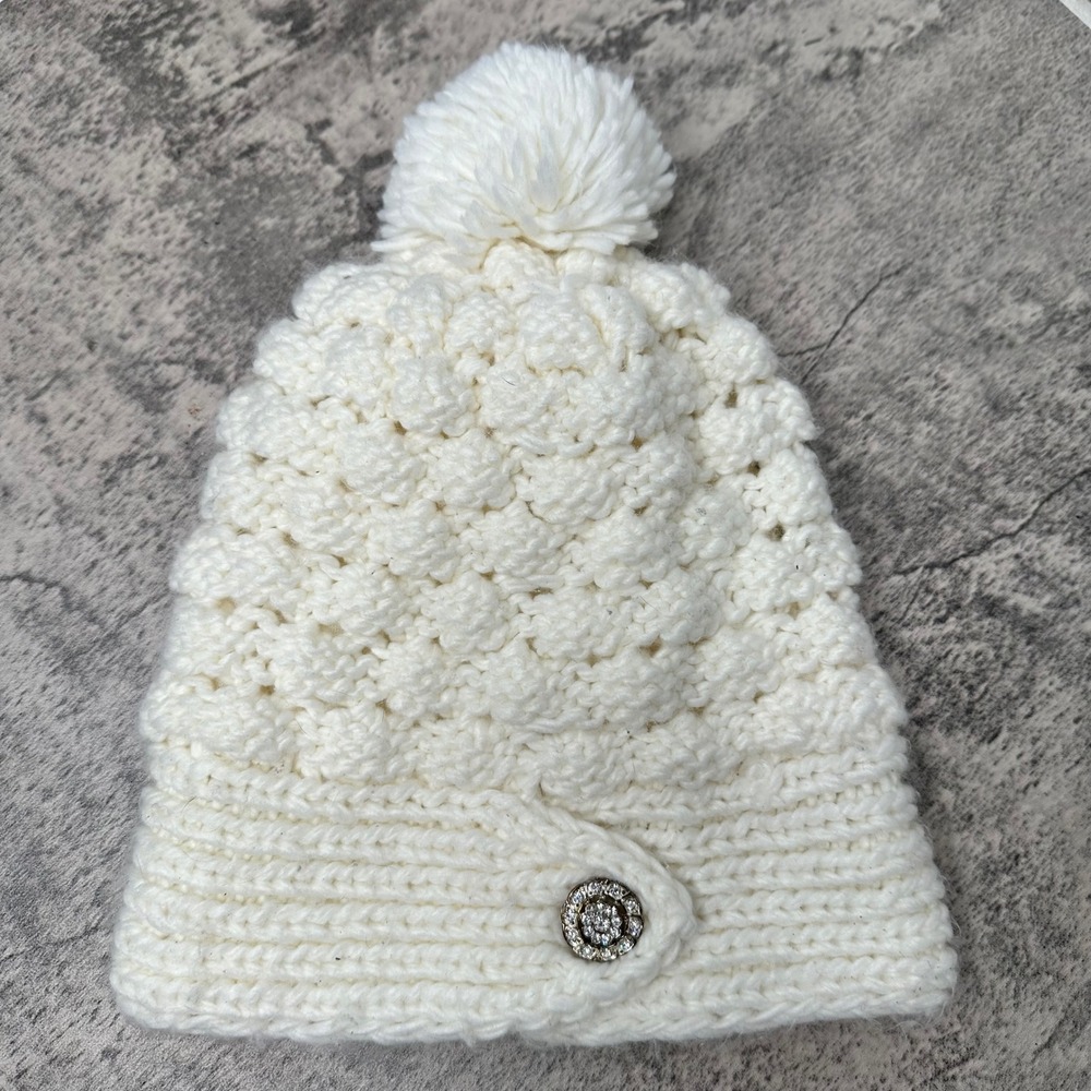 White Knit Beanie Hat Pom Pom and Rhinestone Button Women's Winter Accessory